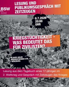 zerstörte Stadt, Aufschrift: Zeitzeugen-Podiumsdiskussion